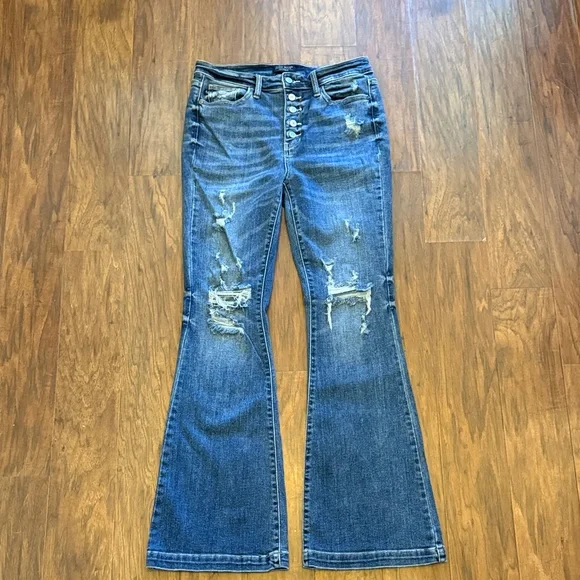 Judy Blue Distressed Denim, Button Fly, High Stretch, Flare Jeans, 32” Inseam - Picture 1 of 6